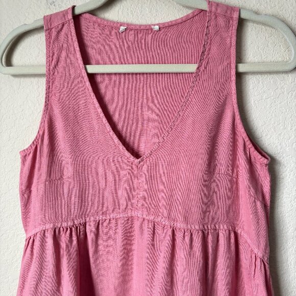 Boho Linen V-Neck Pink Mini Dress Beachy Boho Lagenlook Natural Summer - Picture 2 of 8